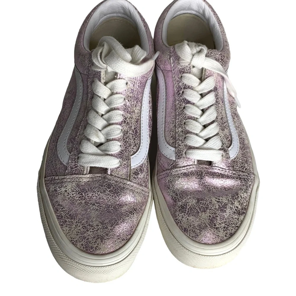 VANS Women 7.5‎ Old Skool Pink Cracked Shimmer Leather Low Lace Up Sneaker Shoes